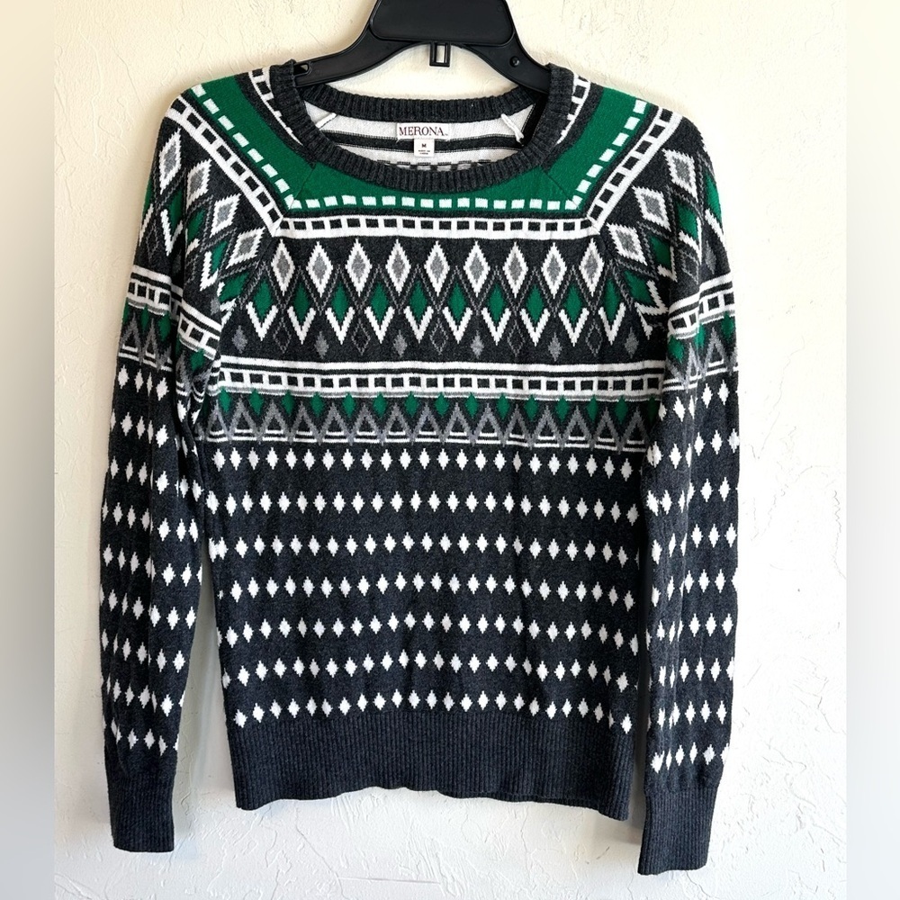 Merona Grey/Kelly Green Celtic Pattern Cotton Knit Crewneck Sweater Sz M